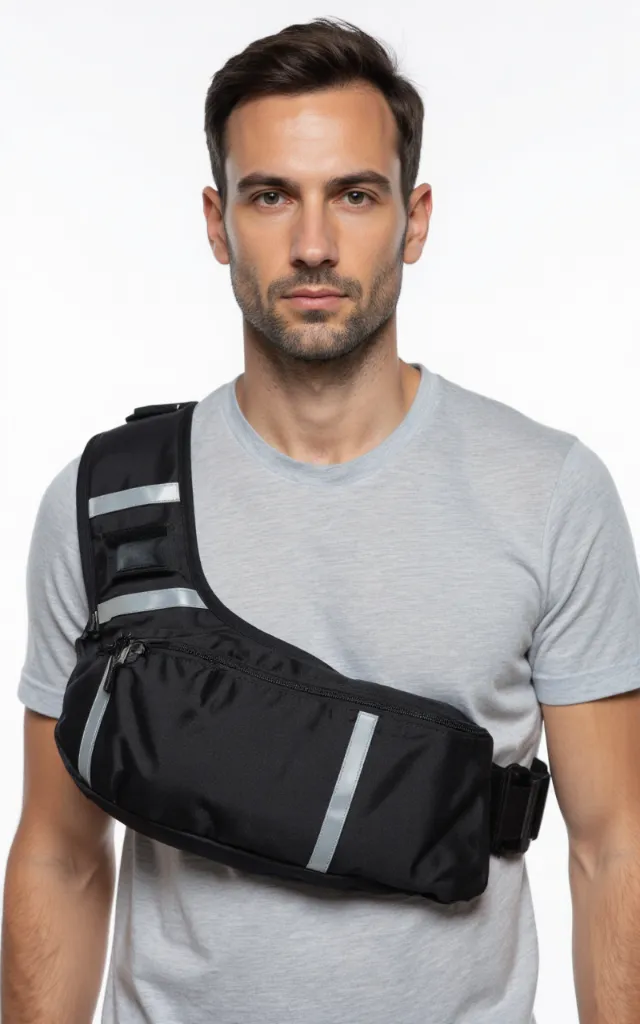 A French male model with a Hip pack with reflective strips, wearing a shirt, against a white background, in a front   facing close   up